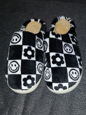 Cozy Black & White Checkerboard Slippers with Smileys